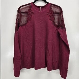 Free People Daniella Illusion Embroidered Lace‎ Top Burgundy Berry Maroon LARGE